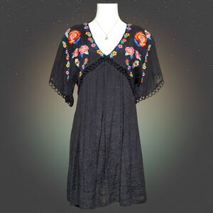 Umgee Womens Small Tunic Dress Black Boho Cottagecore Folk Gauze Embroidered